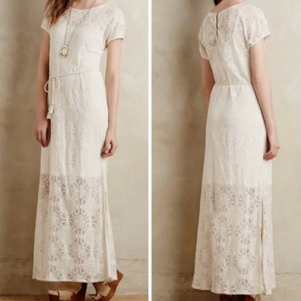 Anthropologie NWT Lilka Bellflower Lace Short Sleeved Maxi Dress Ivory/Cream, XS
